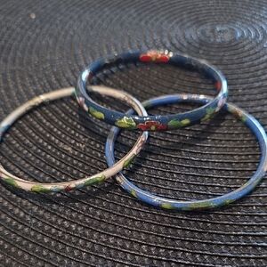 Floral Enamel Bangle Set - Blue, White, Green